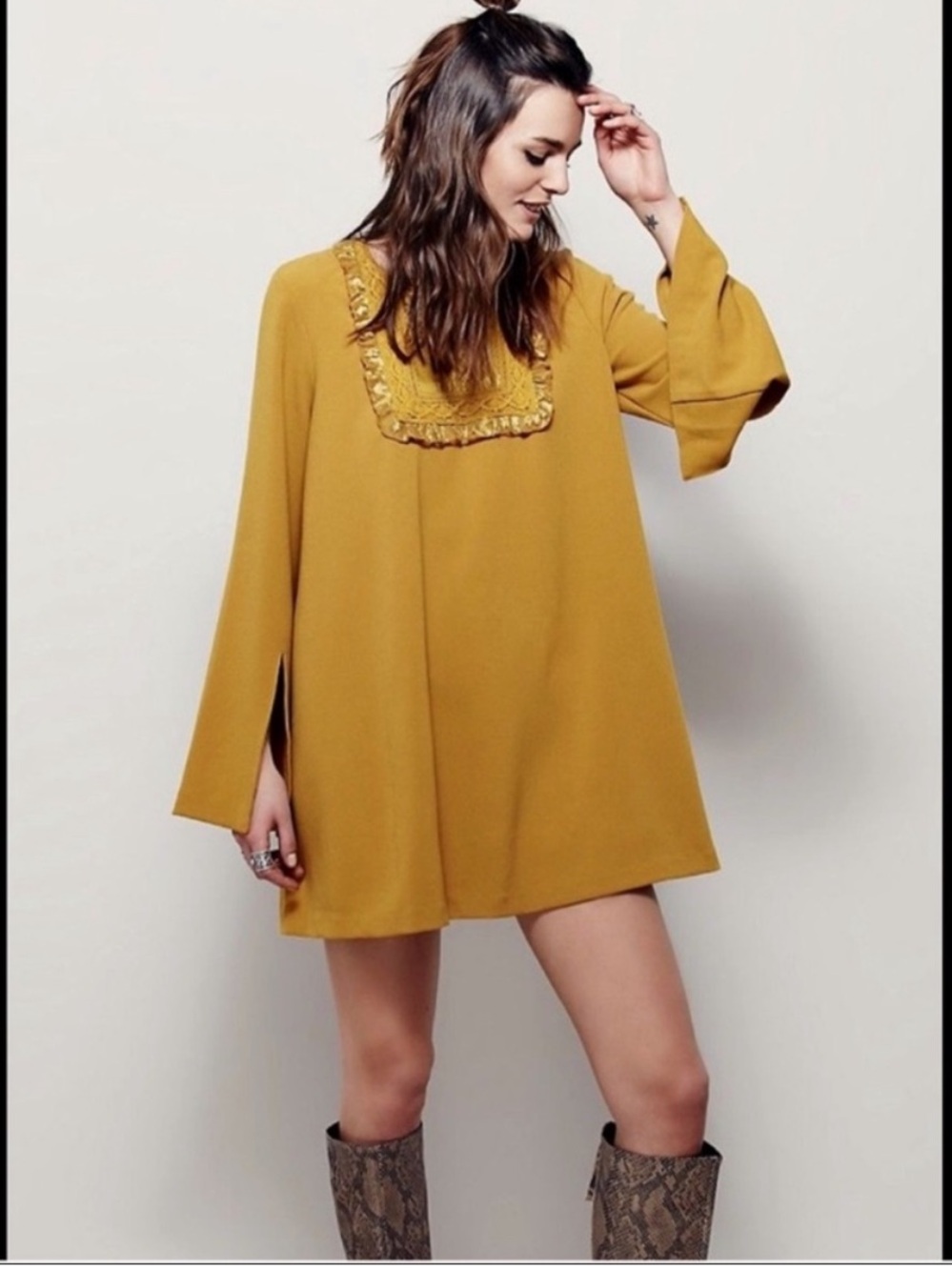 Free People Tree Swing Tunic Mini Dress in Mustard